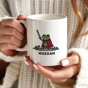 Huzzah Frog with Sword Mug, Medieval Frog Meme Coffee Mug, Whimsical Frog Mug 73